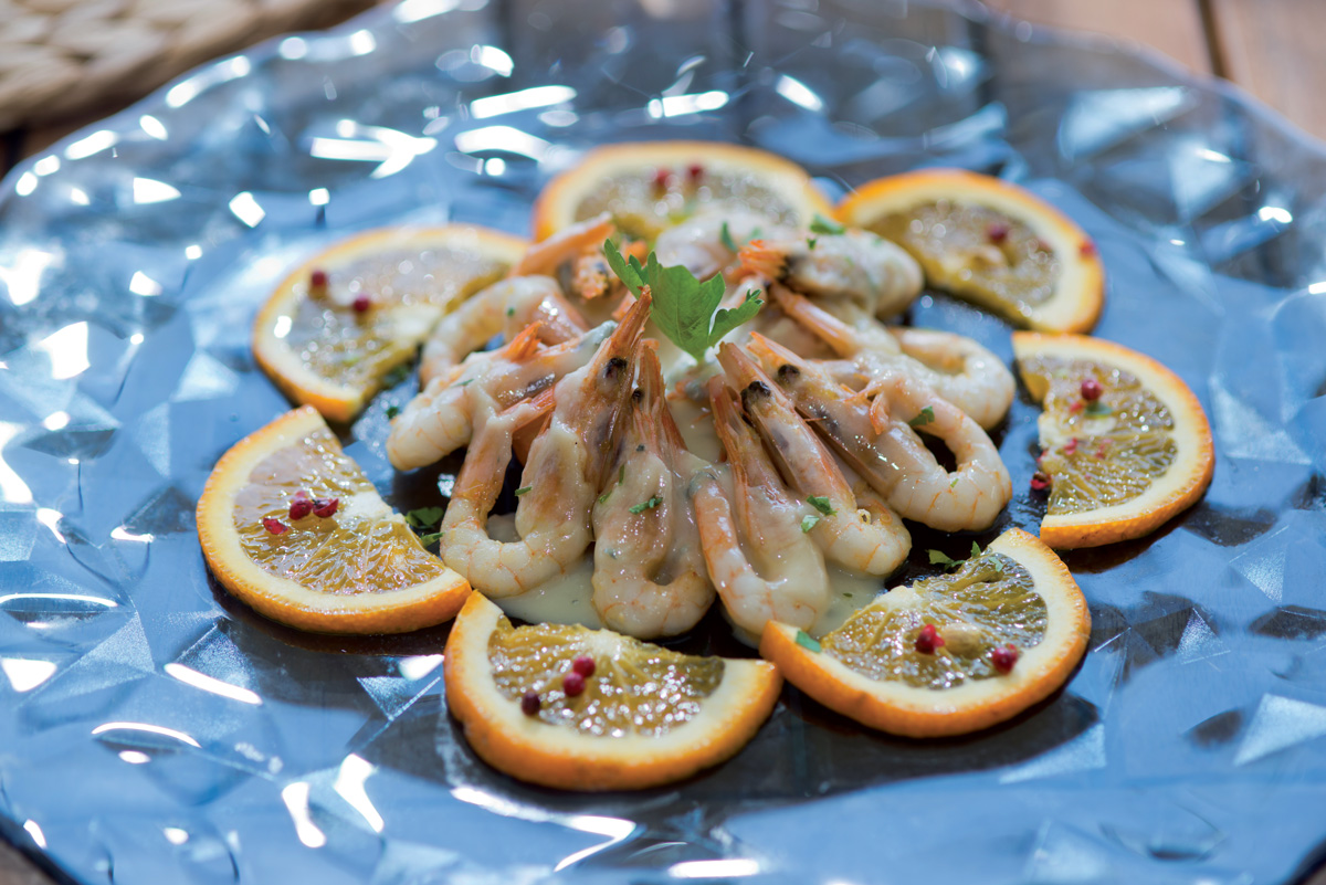 Gamberi con salsa di gorgonzola e arancia